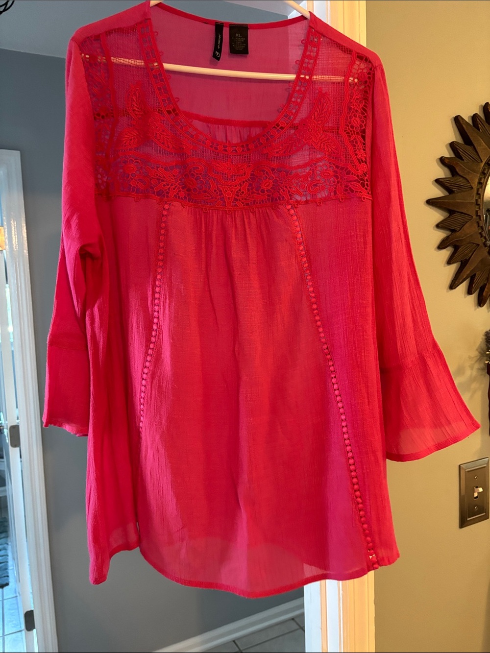 new directions Hot Pink Crochet Yoke Tunic Top